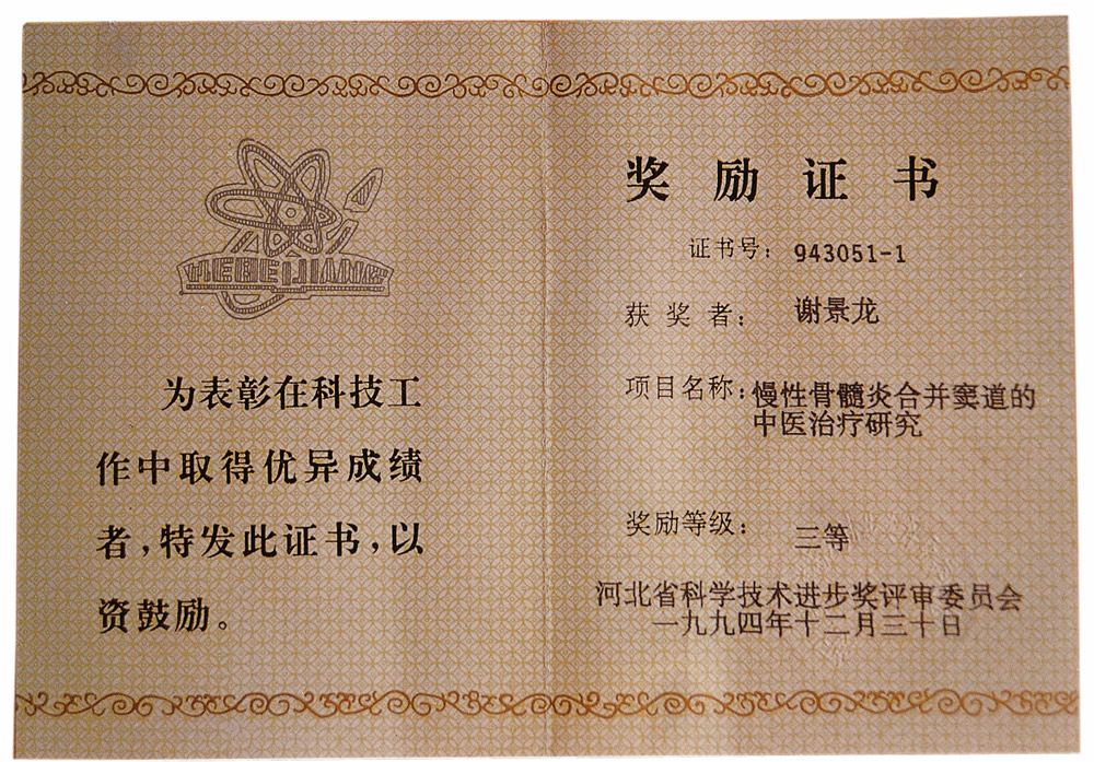 1994年慢性骨髓炎合并窦道的中医治疗研究获省科技进步三等奖谢景龙.jpg